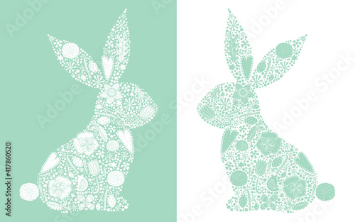 Floral  silhouette of an Easter Bunny. Cute vector illustration.