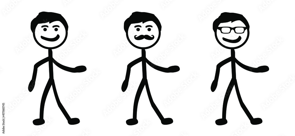 Vettoriale Stock Drawing cartoon running, jumping, standing or walking stick  figure. Happy smile stickman emoji icons Funny flat vector stick figures  man sign. Line pattern. | Adobe Stock