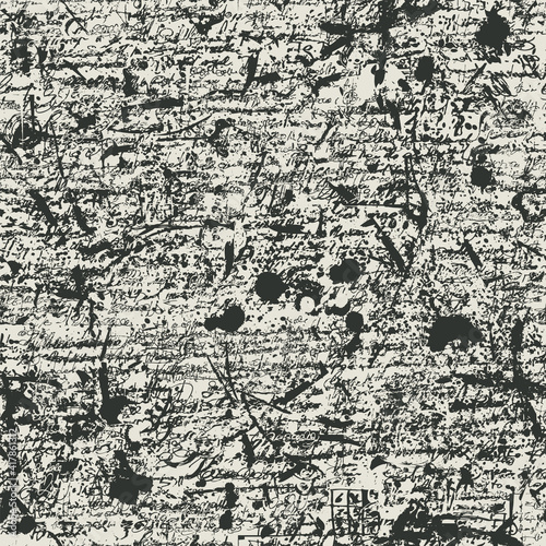 Abstract seamless pattern with imitation of handwritten text, scribbles and black spots. Repetitive vector background, suitable for wallpaper, wrapping paper, textiles or fabric