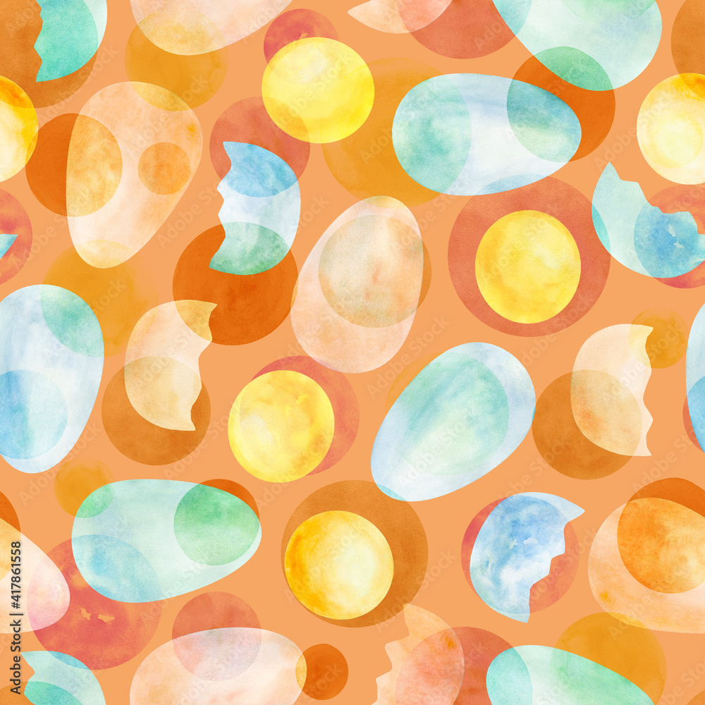 Watercolor seamless pattern with eggs, egg shell, yolk in different positions on coral background for Easter holidays design, prints, fabrics, menu, textile, wrap. Watercolor seamless pattern with eggs, egg shell, yolk in different positions on coral background for Easter holidays design, prints, fabrics, menu, textile, wrap.