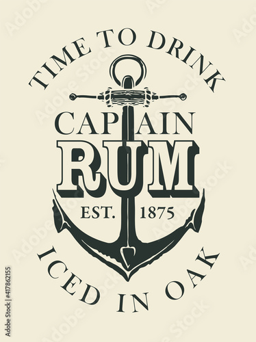 Vector banner or label with inscription Rum, and the words Iced in oak. Monochrome illustration decorated with old ship anchor on a light background in retro style.