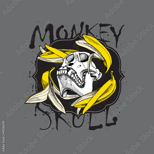 Emblem with image of a Skull Monkey and yellow Skin Banana on a black-gray background. Vector illustration.