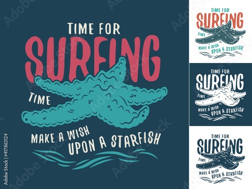 Print set of starfish on surfing coast. Hawaii emblem with marine star for t-shirt beach design