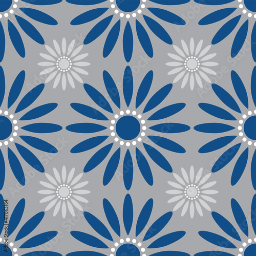 Seamless African Daisy Design Pattern for Fabric and Textile Print in Dark blue and Grey