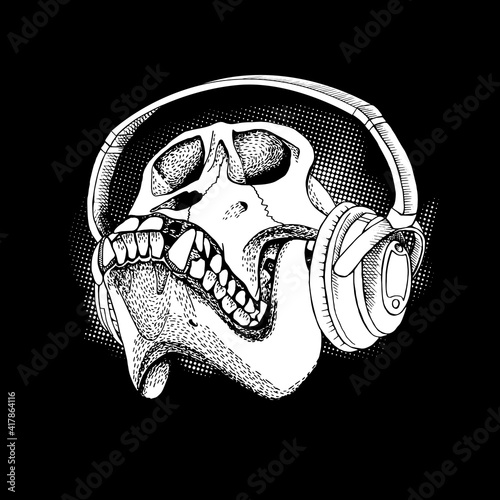 Skull monkey in a headphones on a black background. Vector illustration.
