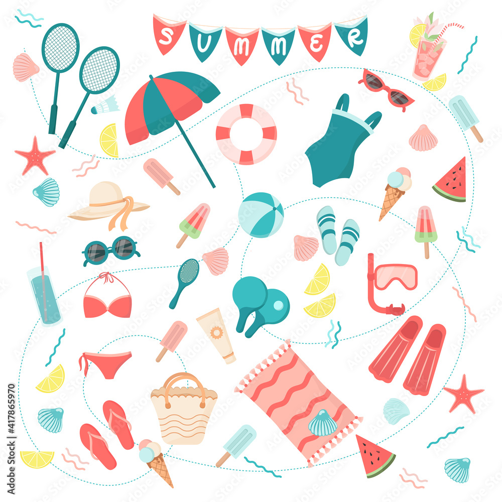 Summer items clip art set. Trendy vector flat icons, isolated on white. Design for web and print Summer items clip art set. Trendy vector flat icons, isolated on white. Design for web and print