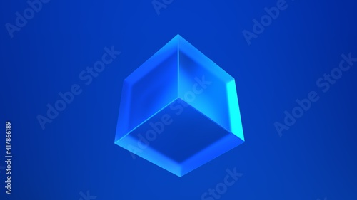 3d render blue glass cube in space