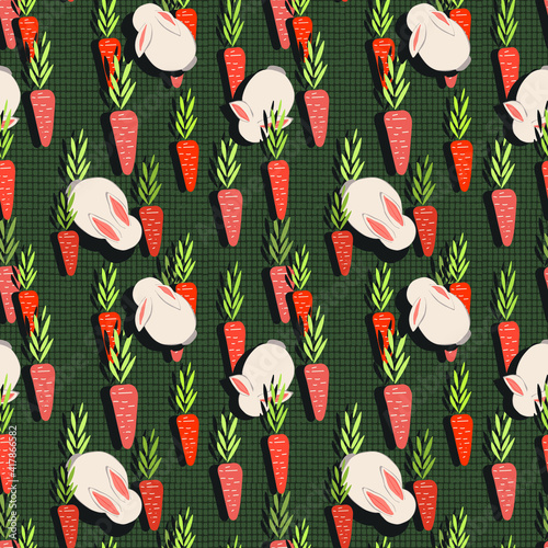 Seamless pattern. White bunnies and orange carrots. Dark green muted background with linen texture. Vector illustrations for packaging designs, backgrounds, wallpapers, fabric prints, etc.