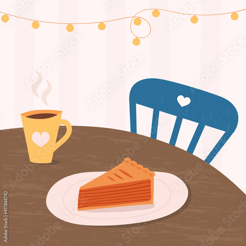 Vector illustration of breakfast on the table. Apple pie with hot beverage. Morning cup of coffee or tea. Delicious cake. Scandinavian style.