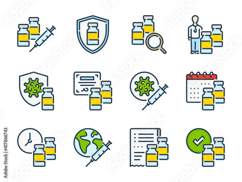 Vaccine, Virus treatment and Clinic vaccination related vector color line icons. Syringe, Vaccine dose and Anti virus injection colorful outline icon set.