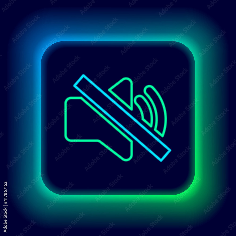 Glowing neon line Speaker mute icon isolated on black background. No sound icon. Volume Off symbol. Colorful outline concept. Vector. Glowing neon line Speaker mute icon isolated on black background. No sound icon. Volume Off symbol. Colorful outline concept. Vector.