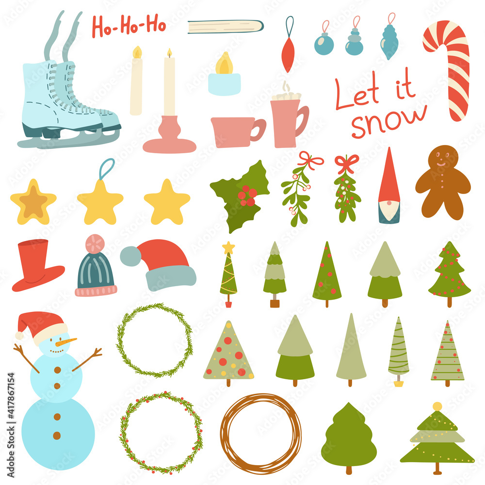 Large set of Christmas elements, objects isolated on a white background. Merry Christmas and Happy New Year. Skates and snowman, tree, gnome, candles, wreaths, holly, mistletoe and cookies, candy.