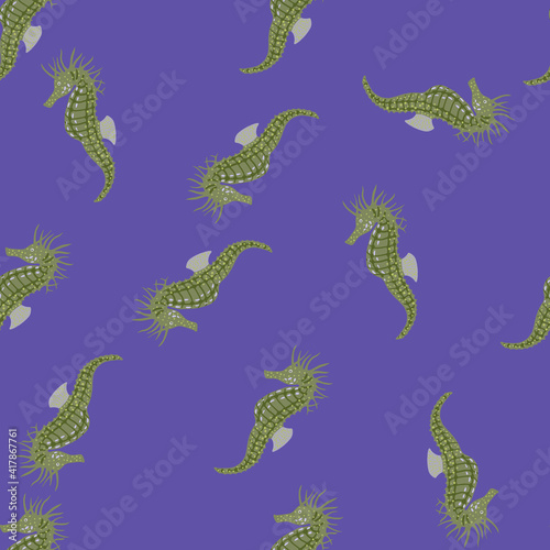 Seamless random pattern with doodle green seahorse silhouettes print. Blue background. Simple design.