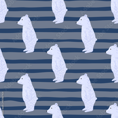 Minimalistic seamless animal arctic pattern with doodle polar bear silhouettes. Grey and blue striped background.