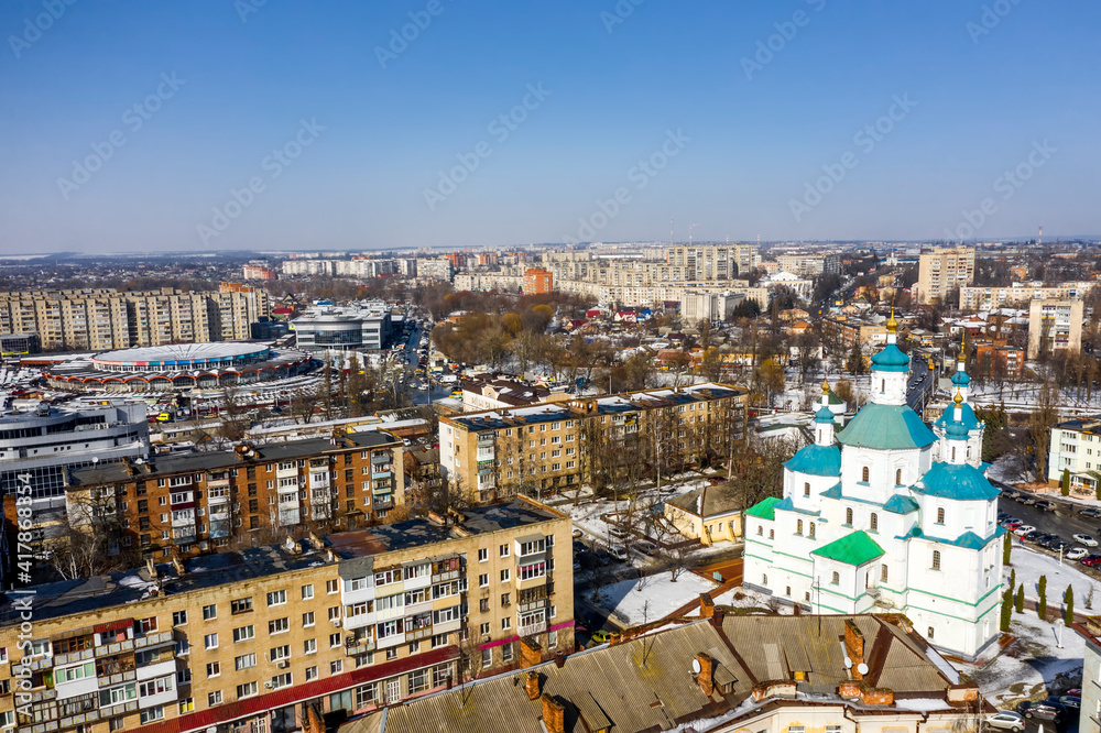 The Sumy city in the sunny day Ukraine at the winter aerial view