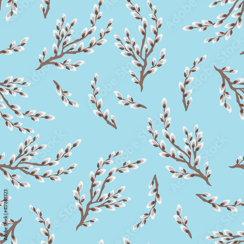 Blooming pussy willow seamless pattern. Vector illustration of spring flowers in cartoon flat style. Botanical floral background.