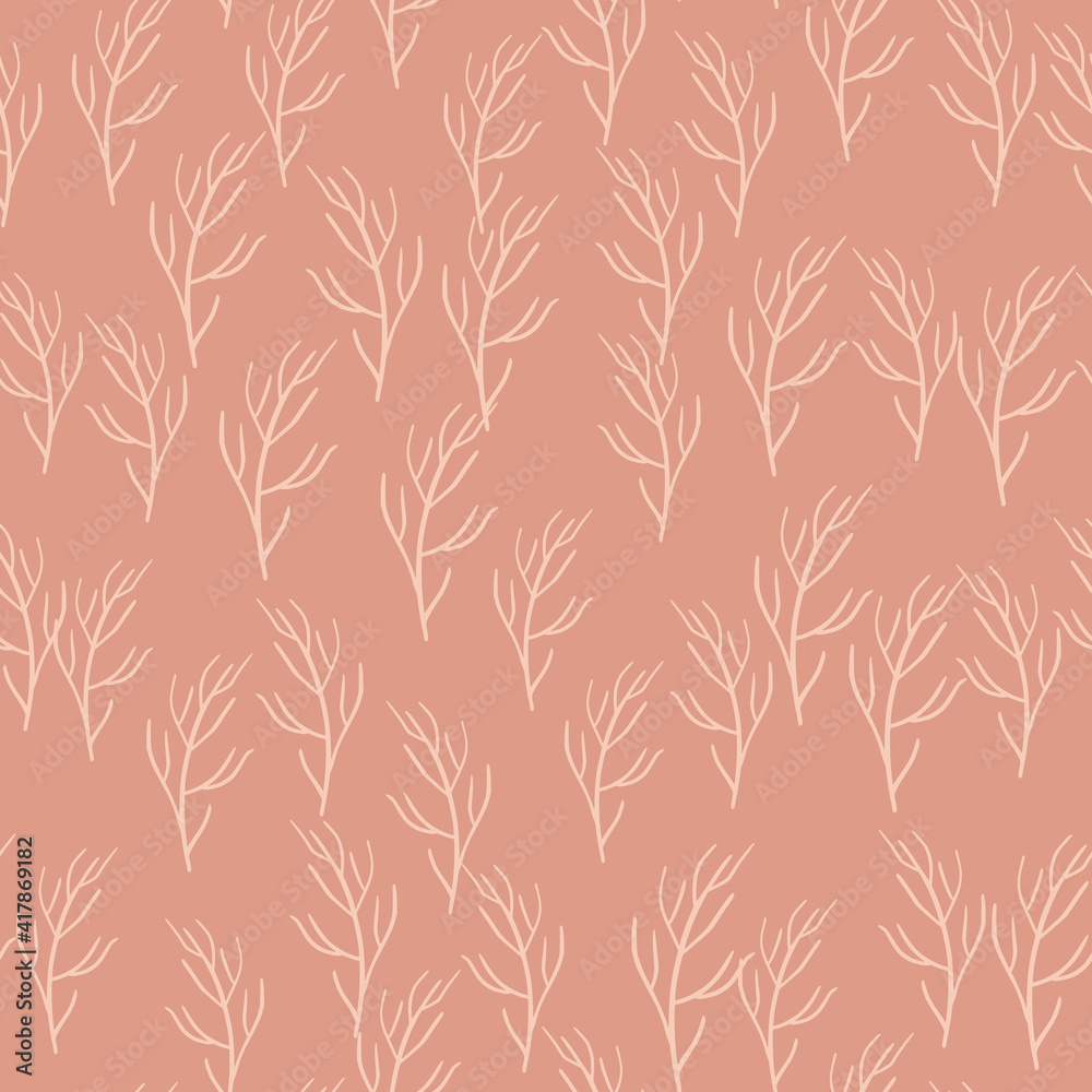 Natural abstract seamless pattern with light random branch silhouettes ornament. Pink pastel background. Natural abstract seamless pattern with light random branch silhouettes ornament. Pink pastel background.