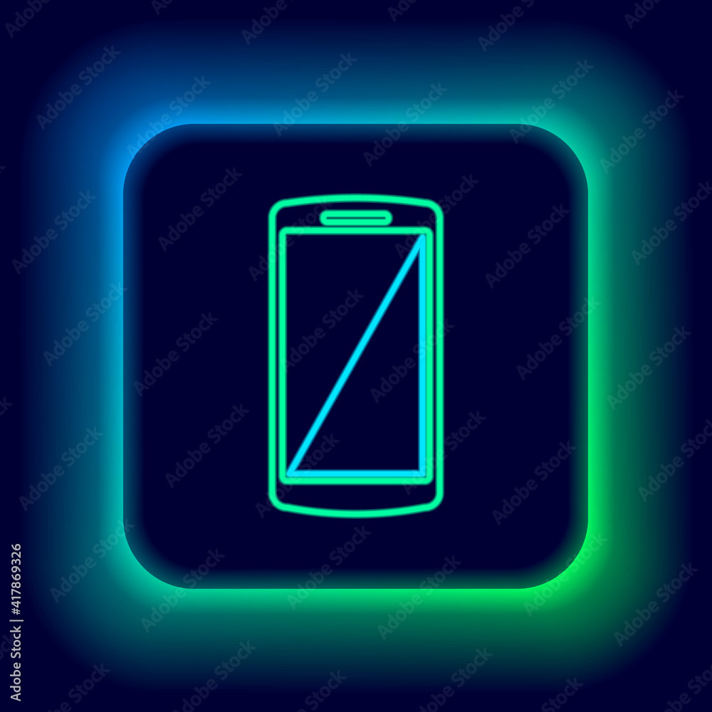 Glowing neon line Smartphone, mobile phone icon isolated on black background. Colorful outline concept. Vector.