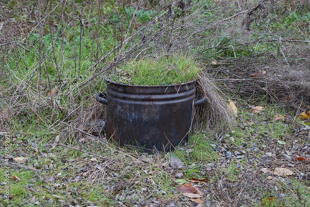 garbage from one large black metal enamel pan stands on the street overgrown with green grass