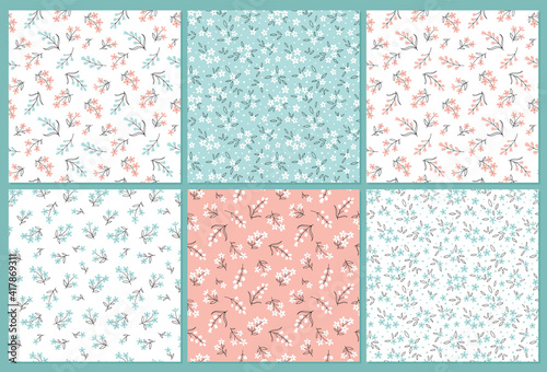 Fototapeta Naklejka Na Ścianę i Meble -  Collection Floral seamless patterns with cute little flowers. Simple doodle hand drawn style.