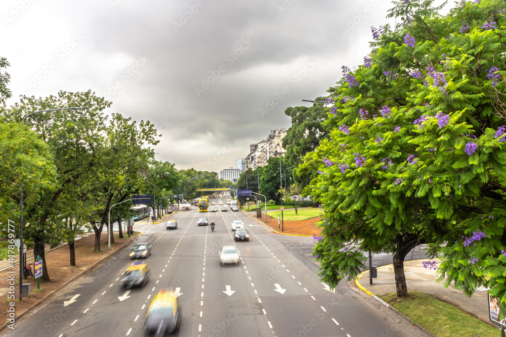 Downtown Buenos Aires skyline seen from Libertador Avenue with the famous jacarandás trees alongside.