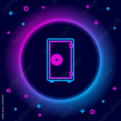 Glowing neon line Safe icon isolated on black background. The door safe a bank vault with a combination lock. Reliable Data Protection. Colorful outline concept. Vector.