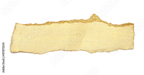 Torn piece of edge paper on white background. Gold and bronze color marble texture.