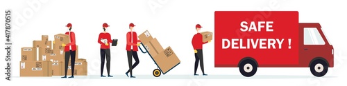 Safe delivery. Delivery by truck. A courier wearing a medical mask delivers a parcel to quarantine. Safe delivery concept with social distance. Vector illustration