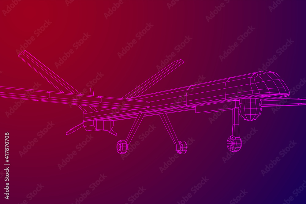 Military drone combat unmanned aerial vehicle. Recon aircraft plane. Wireframe low poly mesh vector illustration.