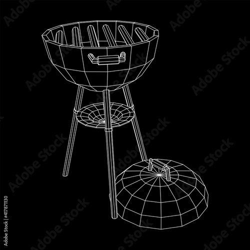 Round barbecue grill. Outdoor bbq party. Wireframe low poly mesh vector illustration