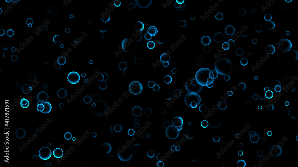Blue aqua glow many size of hundred bubbles floating on the top