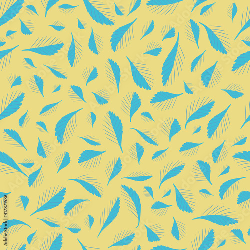 Mono print style scattered tiny leaves seamless vector pattern background. Simple lino cut effect line art leaf foliage blue yellow backdrop. At home hand crafted design concept. Texture repeat