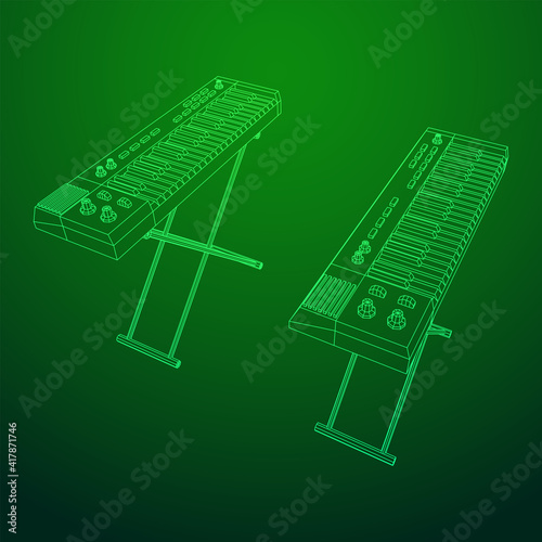 Piano roll analog synthesizer faders buttons knobs. Wireframe low poly mesh vector illustration.