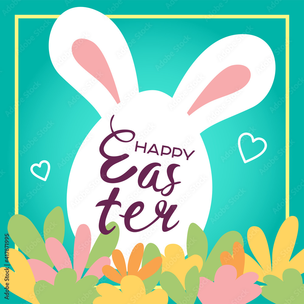 Easter card, Rabbit hiding behind an egg. A white egg on a blue background of grass and flowers. Easter card, Rabbit hiding behind an egg. A white egg on a blue background of grass and flowers.