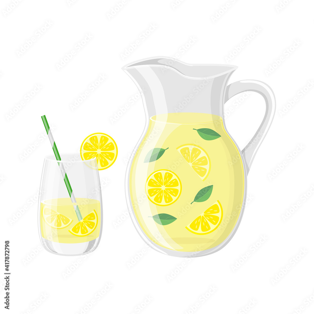 Glass with cocktail tube and pitcher with lemonade or ice tea lemon slice  and mint leaves vector Stock-vektor | Adobe Stock