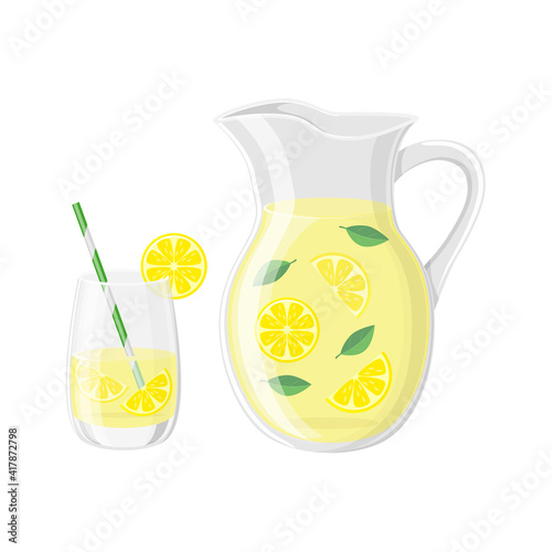 Glass with cocktail tube  and   pitcher with lemonade or ice tea lemon slice and mint leaves vector