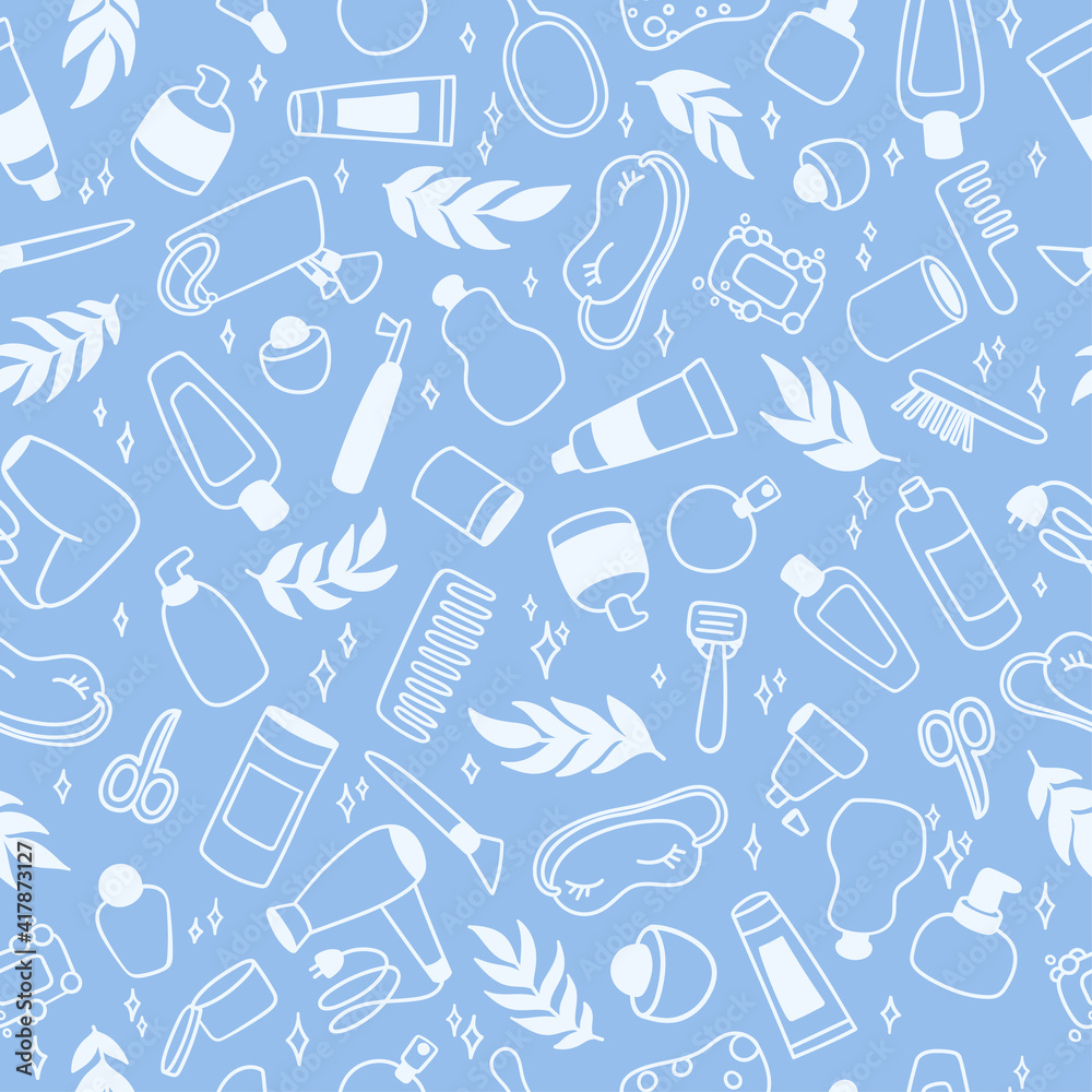 Bathroom set, seamless pattern. Hand drawn doodle background with outline hand drawn beauty products. Vector illustration. Bath texture. Wallpaper, textile design Bathroom set, seamless pattern. Hand drawn doodle background with outline hand drawn beauty products. Vector illustration. Bath texture. Wallpaper, textile design