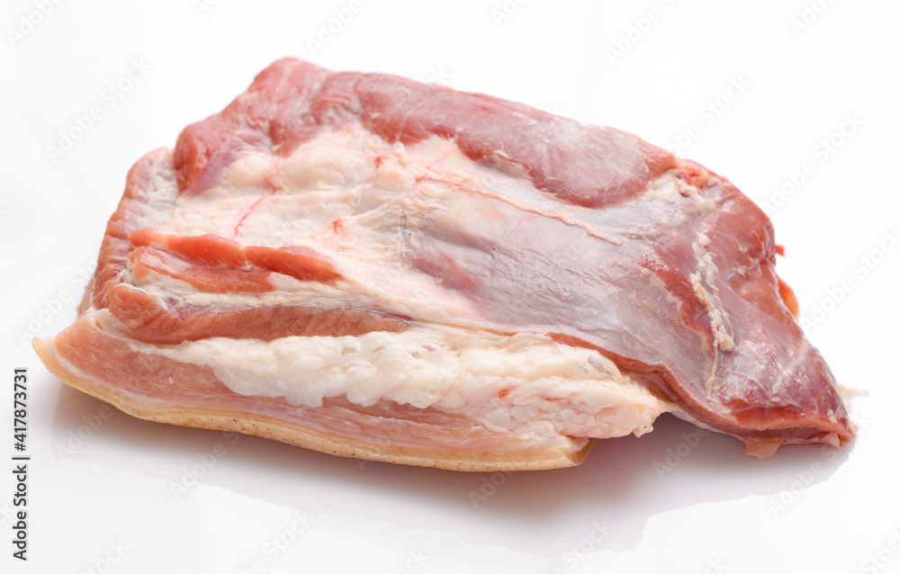 raw meat piece on white background, pork meat and lard raw meat piece on white background, pork meat and lard