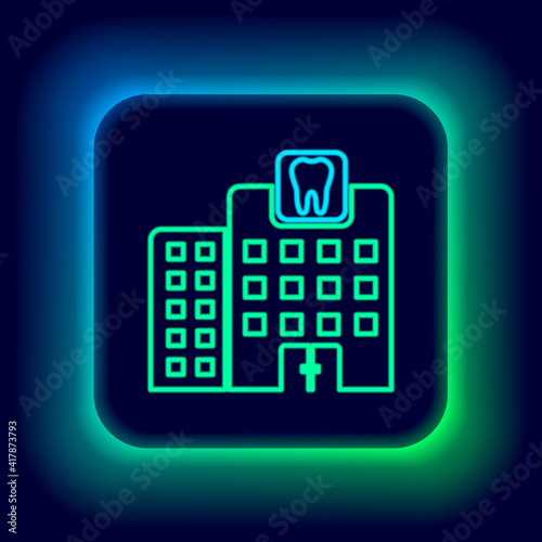 Glowing neon line Dental clinic icon isolated on black background. Dentistry center symbol. Colorful outline concept. Vector.