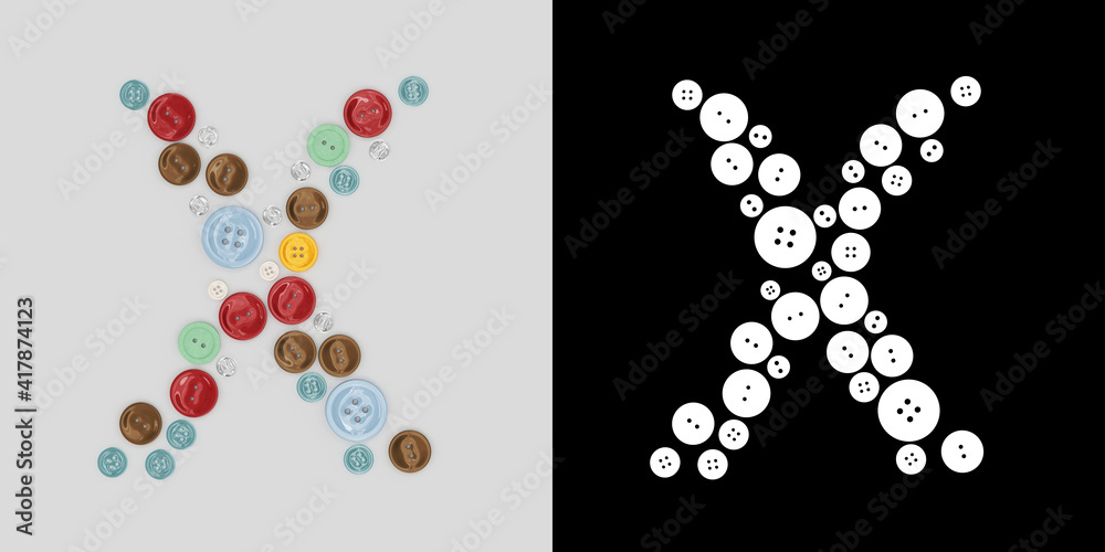 Letter X of sewing button alphabet. Alphabet from buttons . Letter from buttons. Font from buttons. On a white background. 3D Letter X of sewing button alphabet. Alphabet from buttons . Letter from buttons. Font from buttons. On a white background. 3D