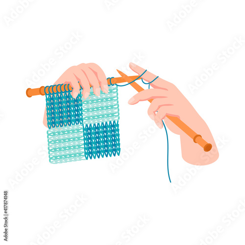 Isometric knitting set with isolated colourful icons and images of human hands with needles and clue vector illustration