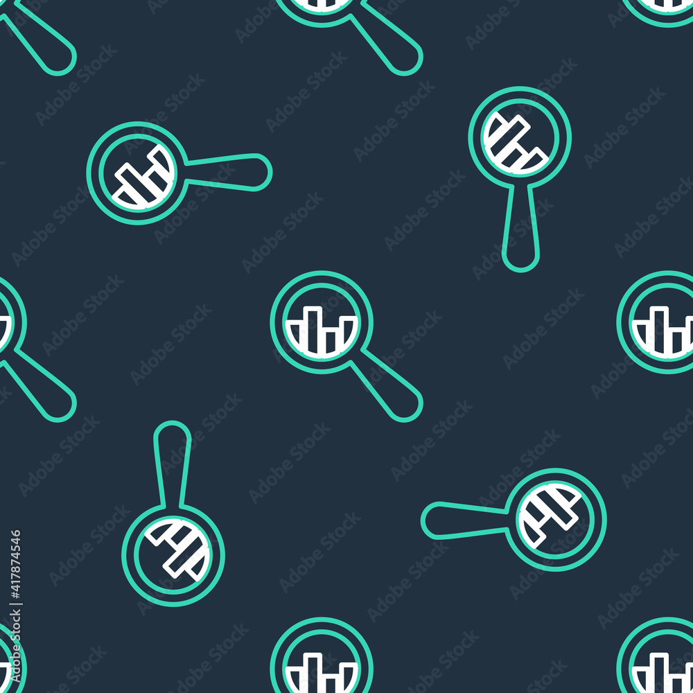 Line Magnifying glass and data analysis icon isolated seamless pattern on black background. Vector. Line Magnifying glass and data analysis icon isolated seamless pattern on black background. Vector.
