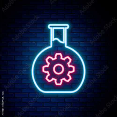 Glowing neon line Bioengineering icon isolated on brick wall background. Element of genetics and bioengineering icon. Biology, molecule, chemical icon. Colorful outline concept. Vector.