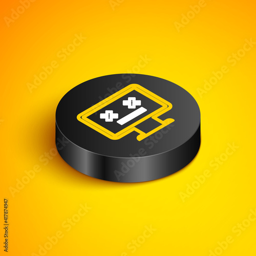 Isometric line Dead monitor icon isolated on yellow background. 404 error like pc with dead emoji. Fatal error in pc system. Black circle button. Vector.
