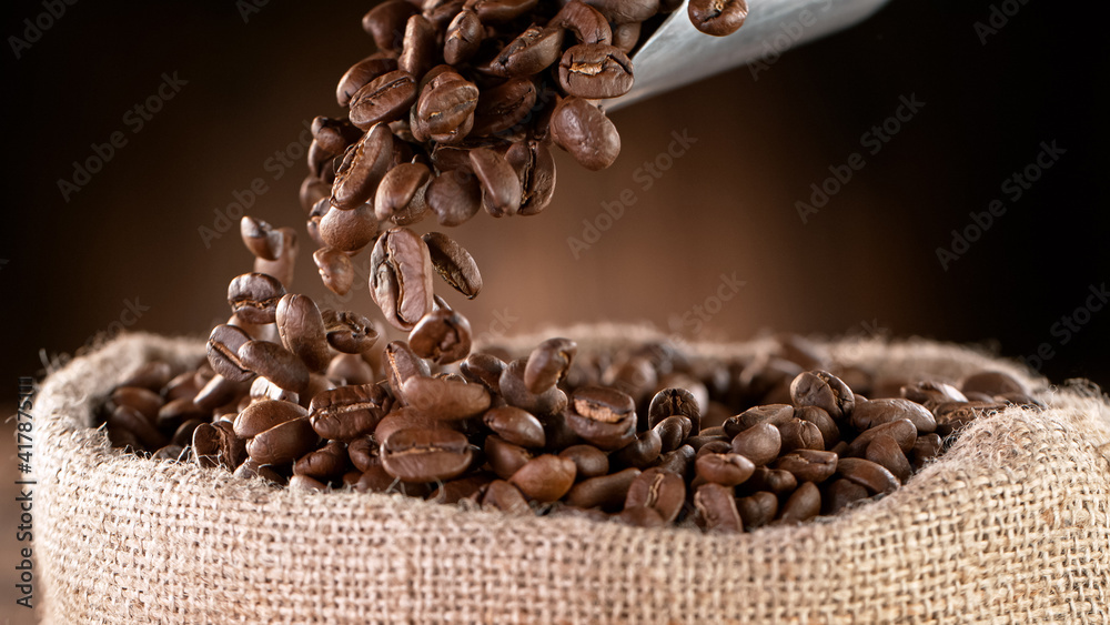 Falling Roasted Coffee Beans into Jute Bag, close-up.
