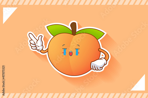 CRYING, SAD, SOB, CRY Face Emotion. Forefinger Handgun Gesture. Peach Fruit Cartoon Drawing Mascot Illustration.