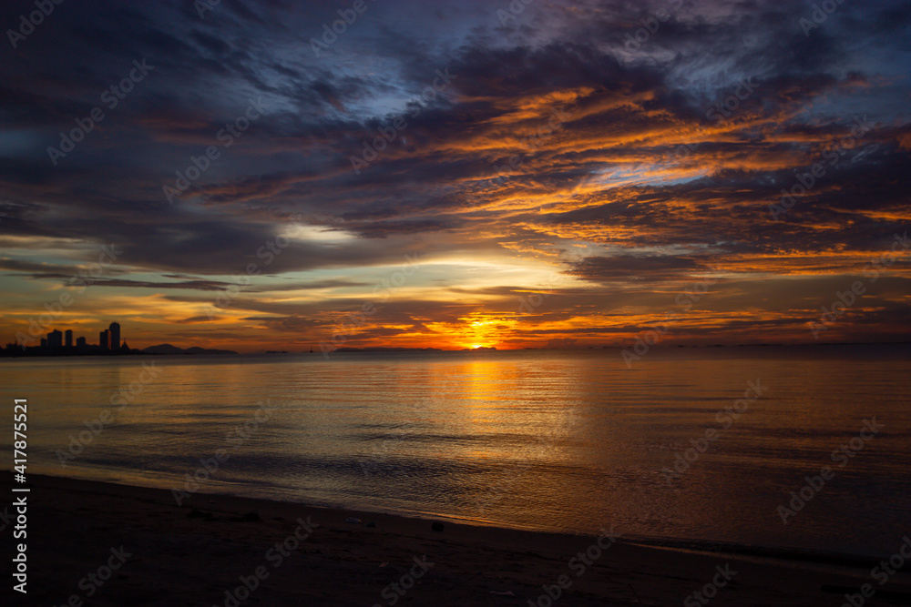 sunset at the beach , Landscape of paradise tropical island beach, sunrise shot ,Krating Lai Beach, Bang Lamung, Chon Buri, Thailand