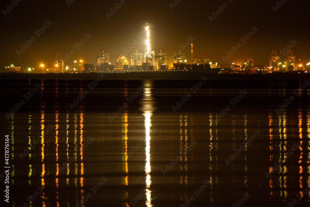 Night view of a port, industrial background , Industrial sea port of Lamchabang at night. Thailand