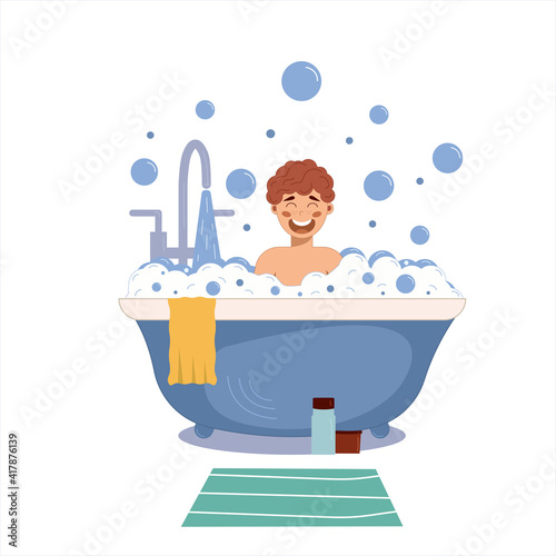Happy laughing man takes a hot bath in the bathroom. Tap water flows. The boy washes his head, hair, body, skin with shampoo, soap, sponge, water. Foam bath. Hygiene, life, rest. Vector illustration