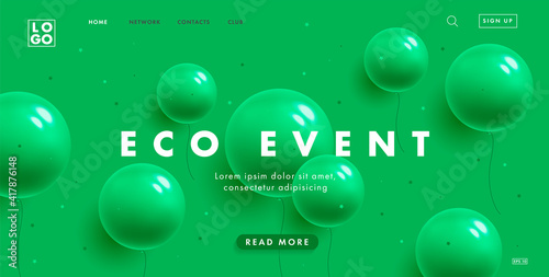 Ecology event website banner with green background and festive green balloons, stylish digital invitation